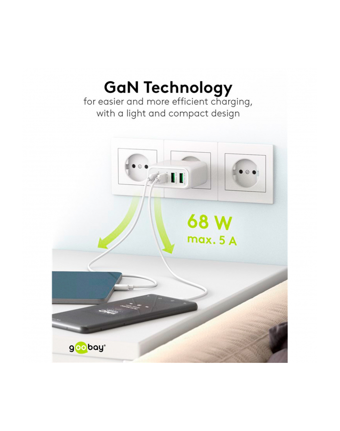 goobay USB-C multiport quick charger, PD, GaN, 68 watts (BIAŁY, 2x USB-C, 2x USB-A, Power Delivery, QuickCharge) główny
