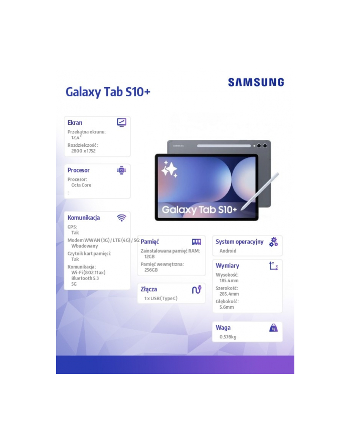 samsung Tablet Galaxy Tab S10+ X826 12.4 cala 5G 12/256GB szary główny