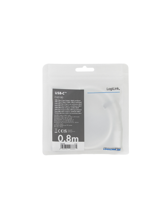 LOGILINK CU0180 Kabel USB 4 Gen3x2 Type-C C/M na USB-C/M E-mark PD 8K biały 0.8m główny