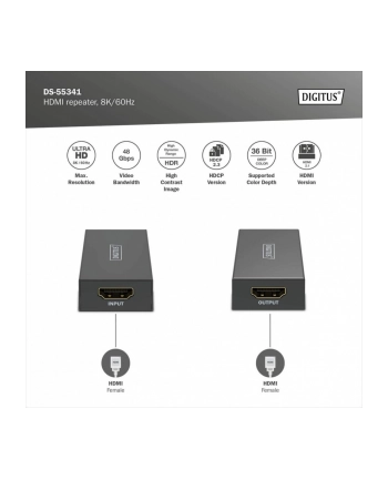 digitus Wzmacniacz sygnału (Repeater) HDMI do 10m 8K/60Hz, do 13m 4K/60Hz HDCP 2.3 nr 1