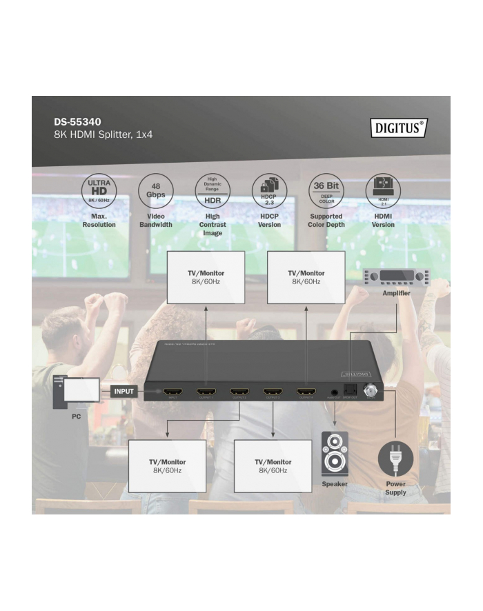 digitus Rozdzielacz/Splitter HDMI 1x4, 8K/60Hz (4:4:4) z HDR, 48 Gbps, HDCP 2.3. Toslink / Stereo, EDID główny