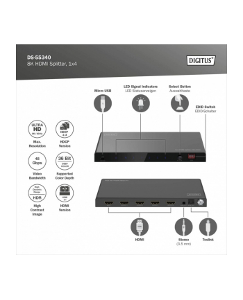 digitus Rozdzielacz/Splitter HDMI 1x4, 8K/60Hz (4:4:4) z HDR, 48 Gbps, HDCP 2.3. Toslink / Stereo, EDID