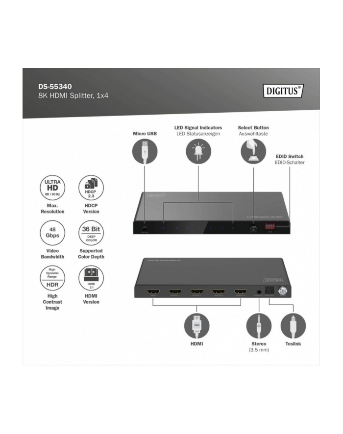 digitus Rozdzielacz/Splitter HDMI 1x4, 8K/60Hz (4:4:4) z HDR, 48 Gbps, HDCP 2.3. Toslink / Stereo, EDID główny