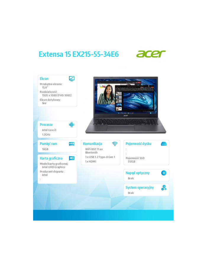 acer Laptop Extensa 15 EX215-55-34E6 i3-1215U/15.6 Full HD/16 GB/512GB SSD/NoOS główny