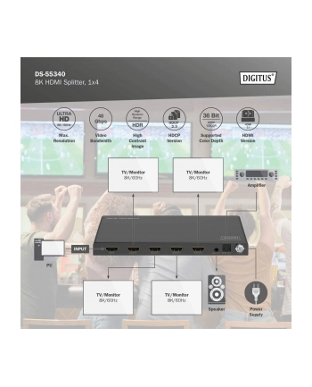 digitus Rozdzielacz/Splitter HDMI 1x4, 8K/60Hz (4:4:4) z HDR, 48 Gbps, HDCP 2.3. Toslink / Stereo, EDID nr 2