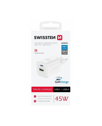 Swissten Usb C Gan 45W 18W Do Szybkiego Ładowania Kompaktowa Konstrukcja Biały