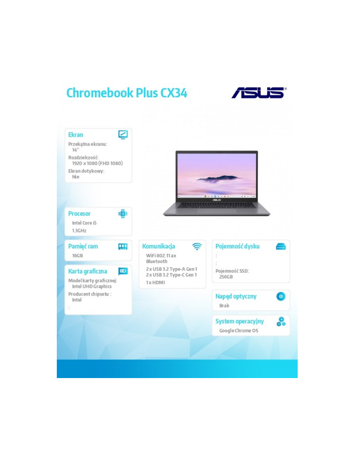 asus Notebook Chromebook Plus CX34/CX3402 Intel Core i5-1335U/16GB/256GB/14 ''/ChromeOS/3Y główny