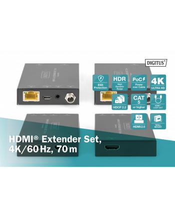 digitus Przedłużacz / Extender HDMI 70m po skrętce kat.5e/6/7 4K 60Hz PoC (Power over Cable) (zestaw)