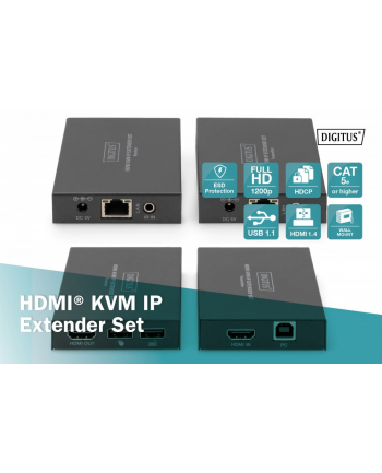 digitus Przedłużacz / Extender KVM HDMI+USB 150m po kat.5e UTP/IP 1080p FHD 60Hz audio (zestaw)