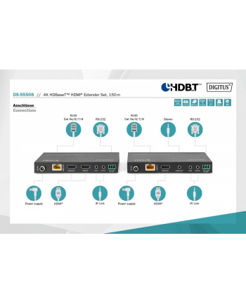 digitus Przedłużacz / Extender HDMI HDBaseT 150m kat.5e/6/74K 60Hz PoC (Power over Cable) IR audio (zestaw)