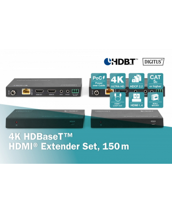 digitus Przedłużacz / Extender HDMI HDBaseT 150m kat.5e/6/74K 60Hz PoC (Power over Cable) IR audio (zestaw)