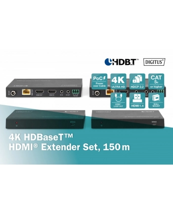 digitus Przedłużacz / Extender HDMI HDBaseT 150m kat.5e/6/74K 60Hz PoC (Power over Cable) IR audio (zestaw) nr 1