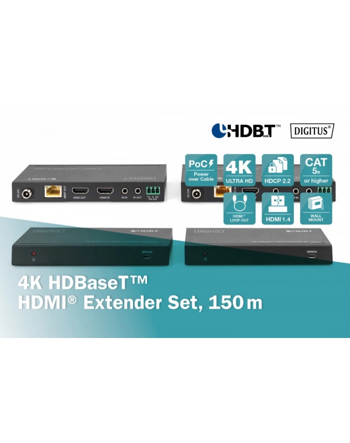 digitus Przedłużacz / Extender HDMI HDBaseT 150m kat.5e/6/74K 60Hz PoC (Power over Cable) IR audio (zestaw) główny