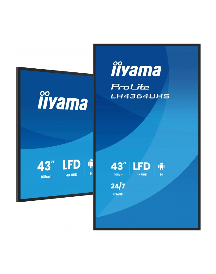 iiyama Monitor 43 cale LH4364UHS-B1AG 24/7,VA,ANDROID14,4K,500cd,4000:1,2xHDMI,USB-C,RJ45, RS-232c, IR, 2x10W, 2xUSB, UCHWYT ŚCIENNY główny