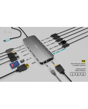 I-TEC USB-C Metal NanoDock 2xHDMI 1xUSB-C Video 1xGLAN 1xAudio/Mic 1xSD/microSD 1xUSB 3.2 3xUSB-C 3.2 Gen2 2xUSB 2.0 PD140W+charger
