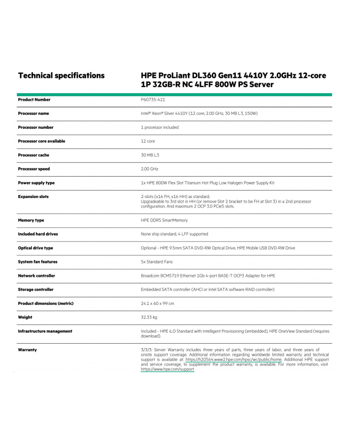 hewlett packard enterprise HPE ProLiant DL360 Gen11 Intel Xeon Silver 4510 2.4GHz 12c 1P 2x32GB-R 4LFF 2x960GB SSD NC BCM5719 2x800W PS EU Server główny