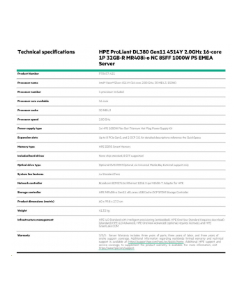 hewlett packard enterprise HPE ProLiant DL380 Gen11 Intel Xeon Silver 4516Y+ 24c 1P 2x32GB-R 8SFF MR408i-o 2x480GB SSD 2x1000W PS EU Server