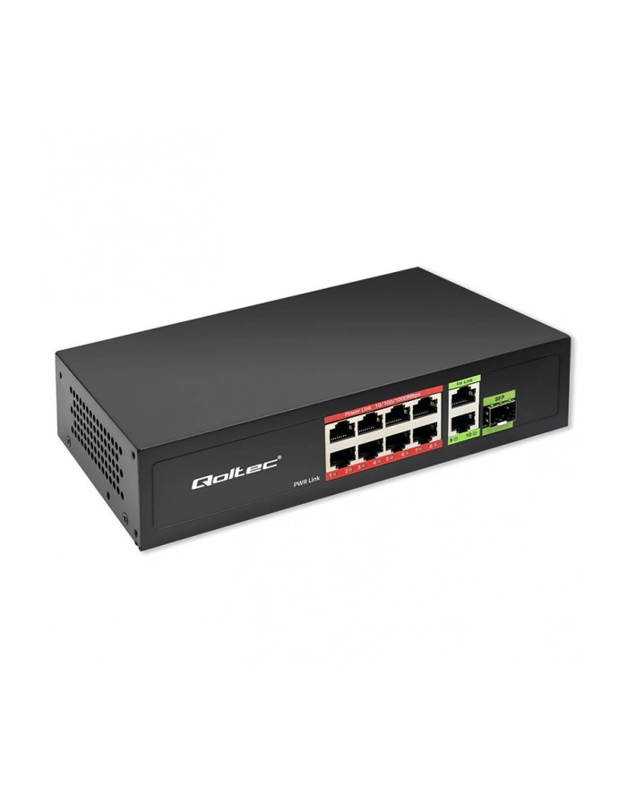 Switch niezarządzalny Qoltec przełącznik sieciowy FAST Ethernet 8x RJ45 PoE 2x RJ45 Uplink 1x SFP | 120W | 1000 Mb/s główny