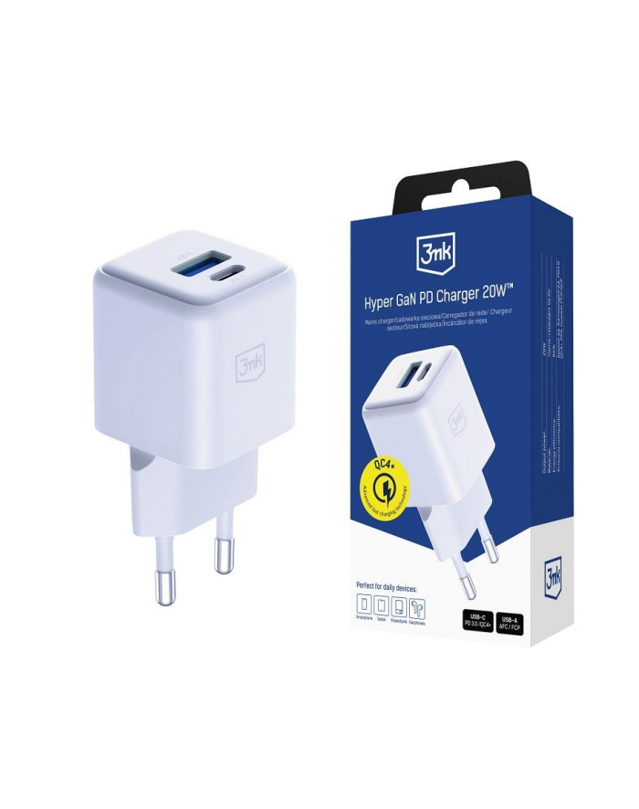 3mk pczerwonyection Ładowarka sieciowa 3mk Hyper GaN Charger 20W QC4+ PD PPS USB-C USB-A White główny