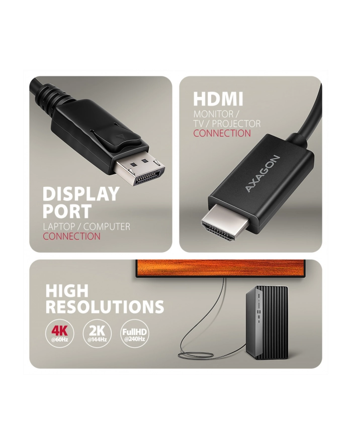 axagon RVD-HI20C2 Adapter aktywny DisplayPort -> HDMI 1.4, 4K/60Hz, kabel 1,8m główny