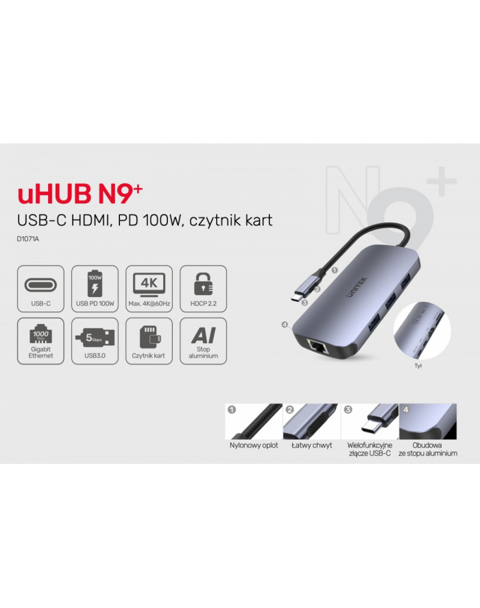 unitek HUB USB-C 9w1, USB-C, HDMI 2.0, RJ45, PD 100W, czytnik SD, D1071A główny