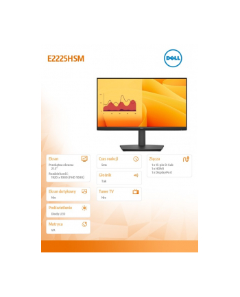 dell Monitor E2225HSM 21.5 cala LED VA Full HD (1920 x1080)/16:9/DP/HDMI/VGA/Speakers/3Y