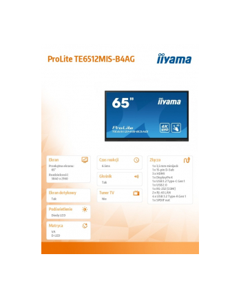 iiyama Monitor 65 '' TE6512MIS-B4AG  40pkt,IPS,4K,24/7,7H, ANDROID 14, RK3576, 8/128GB, EDLA, Essential