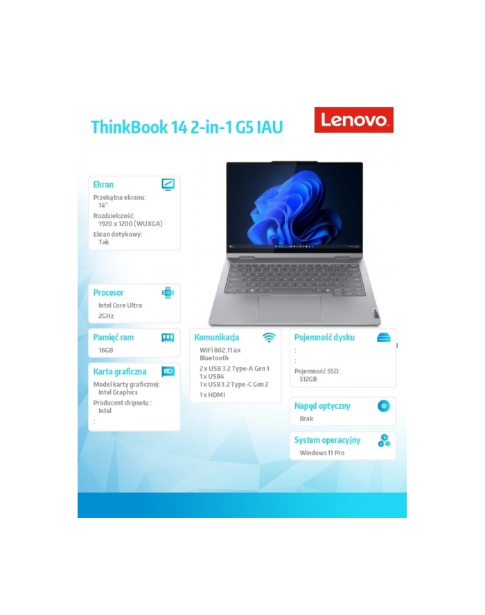 lenovo Laptop ThinkBook 14 G5 2in1 21SQ0017PB W11Pro Ultra 7 255U/16GB/512GB/INT/14.0 WUXGA/Touch/Luna Grey/3YRS OS + CO2 Offset główny