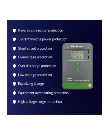 qoltec Solarny regulator ładowania MPPT z czujnikiem temperatury 30A |  12V/24V | LCD | 2xUSB | Bluetooth | APP | GEL | LiFePO4