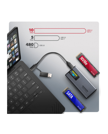 axagon EEM2-SD2 Obudowa zewnętrzna aluminiowa bezśrubowa USB-A/C 3.2 Gen2 M.2 NVMe/SATA display LCD