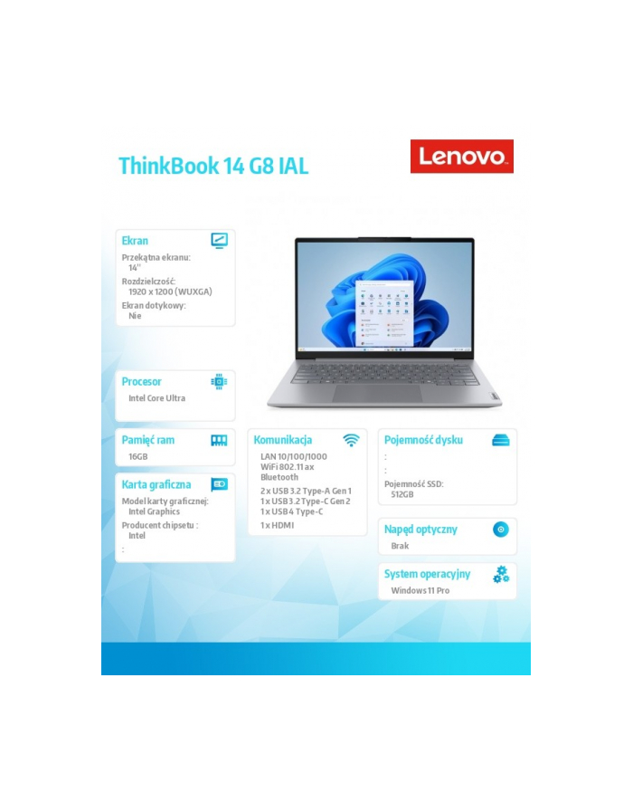 lenovo Laptop ThinkBook 14 G8 21SJ008APB W11Pro Ultra 5 225U/16GB/512GB/INT/14.0 WUXGA//Luna Grey/3YRS OS + CO2 Offset główny