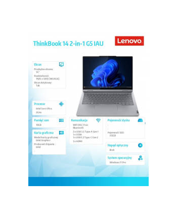lenovo Laptop ThinkBook 14 G5 2in1 21SQ0017PB W11Pro Ultra 7 255U/16GB/512GB/INT/14.0 WUXGA/Touch/Luna Grey/3YRS OS + CO2 Offset