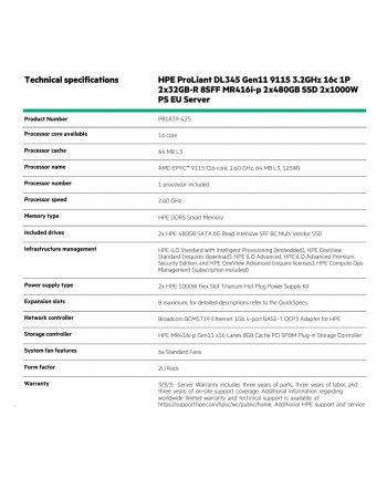 hewlett packard enterprise HPE ProLiant DL345 Gen11 AMD EPYC 9115 3.2GHz 16c 1P 2x32GB-R 8SFF MR416i-p 2x480GB SSD 2x1000W PS EU Server