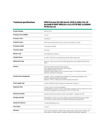 hewlett packard enterprise HPE ProLiant DL360 Gen11 Intel Xeon Gold 6530 2.1GHz 32c 1P 8x16GB-R 8SFF MR216i-o 5x1.92TB SSD 2x1000W PS EU Server