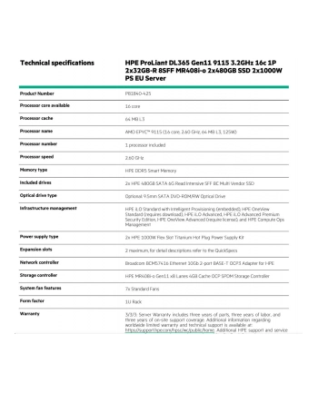 hewlett packard enterprise HPE ProLiant DL365 Gen11 AMD EPYC 9115 3.2GHz 16c 1P 2x32GB-R 8SFF MR408i-o 2x480GB SSD 2x1000W PS EU Server nr 1