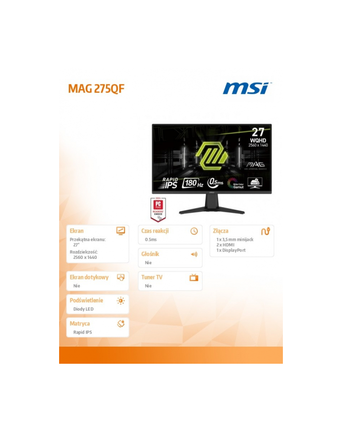 msi Monitor MAG 275QF 27 ''/LED/QHD/Flat/180Hz/Black główny