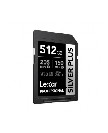 Lexar Professional SILVER PLUS SDXC UHS-I cards, 512GB, up to 205MB/s read 150MB/s write C10 V30 U3