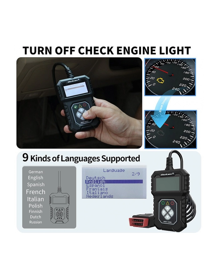 qoltec Cyfrowy Tester diagnostyczny ProLine | OBDII EOBD | 8V-25V | Dualsystem główny
