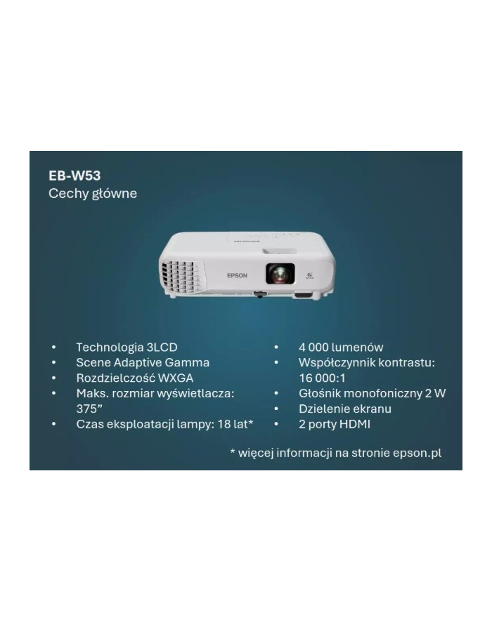epson Projektor EB-W53   3LCD/WXGA/4000L/16k:1/HDMI główny