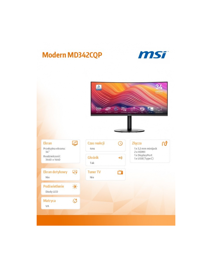 msi Monitor Modern MD342CQP 34 cale LED/UWQHD/Curve/120Hz/Black główny