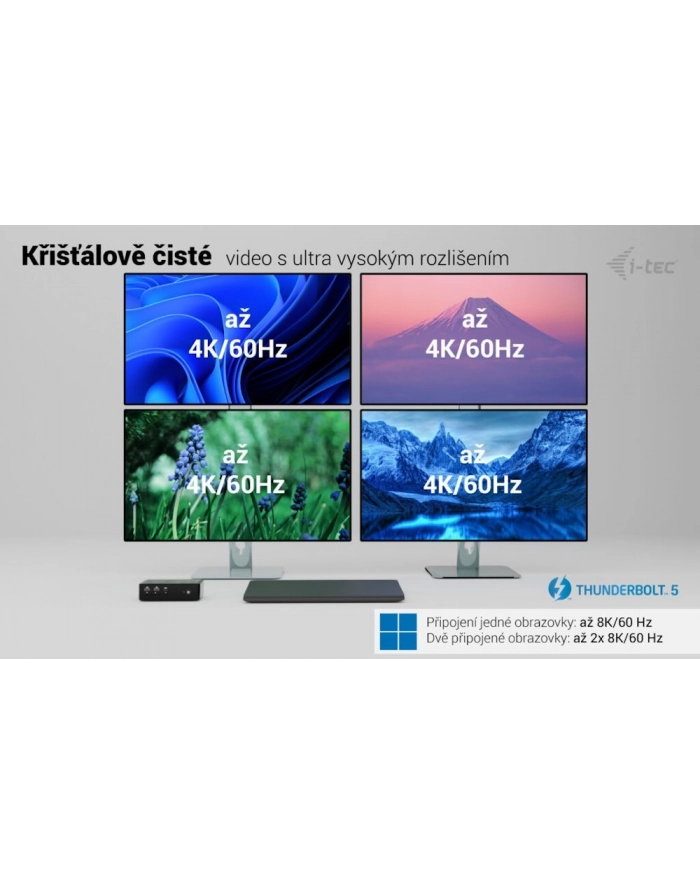 I-TEC Thunderbolt 5 Quattro Display DS 2xTB5 2xHDMI 1x2.5GLAN 1xAudio/Mic 1xUSB-C Gen2 4xUSB-A Gen2 SD+TF Cardreader PD 140W KL główny