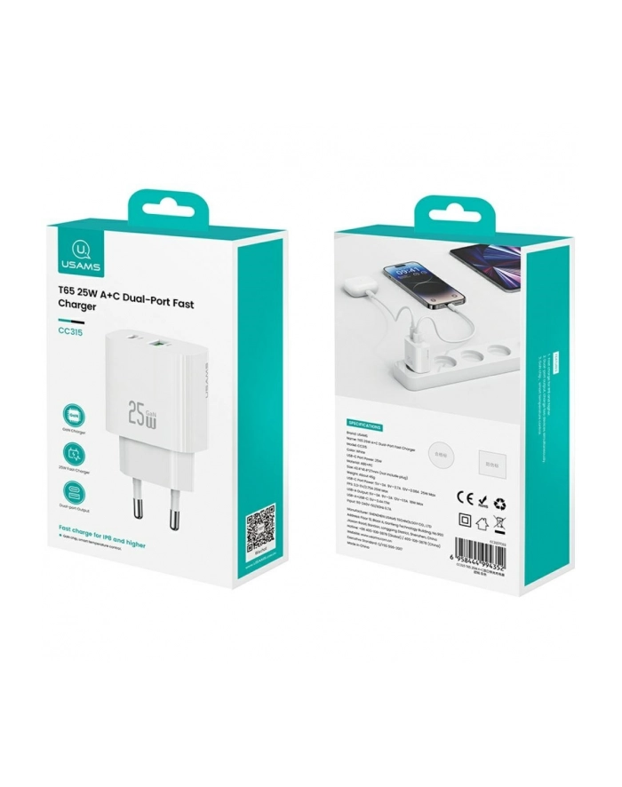 usams Ładowarka sieciowa 25W 1xUSB-A 1xUSB-A fast charging Biała główny