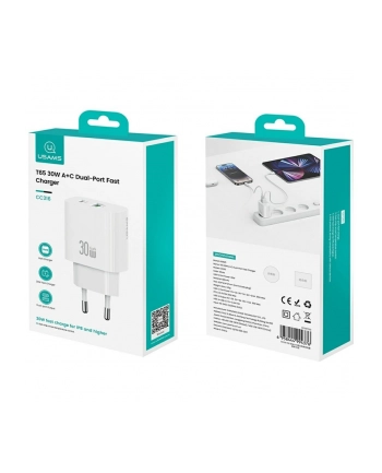 usams Ładowarka sieciowa 30W 1xUSB-C 1xUSB-A Fast charging Biała