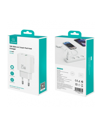 usams Ładowarka sieciowa 25W 1xUSB-A 1xUSB-A fast charging Biała nr 1