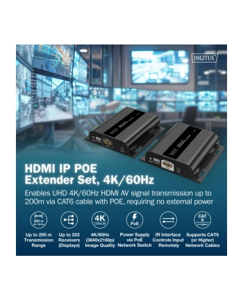 digitus Przedłużacz (extender) po skrętce kat.6 HDMI 4K/60Hz przez IP 1G lub do 120m/200m z PoE, max. 253 odbiorniki, sterowanie IR - zestaw nr 1