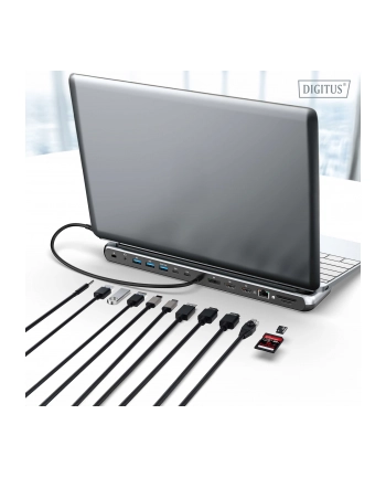digitus Stacja dokująca USB-C 12 portowa, max. 8K/30Hz z HDR, HDMI, DP, max. 3 monitory (MST), USB-C 3.2 Gen2, Gigabit Ethernet, SD/Micro SD, PD 100W