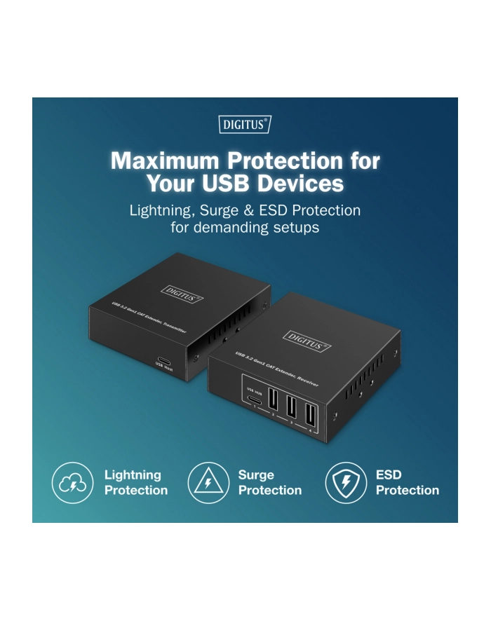 digitus Przedłużacz (extender) po skrętce kat.6A  USB 3.1 Gen1 do 100m, 3x USB-A, 1x USB-C do 5 Gbps, 1x RJ45 (Gigabit Ethernet) - zestaw (odbiornik/nadajnik) główny