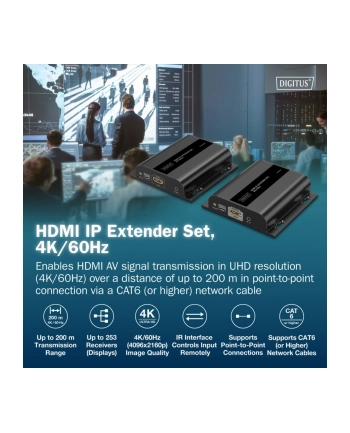 digitus Przedłużacz (extender) po skrętce kat.6 HDMI 4K/60Hz przez IP 1G lub do 120m/200m, max. 253 odbiorniki, sterowanie IR - zestaw (odbiornik/nadajnik) nr 1