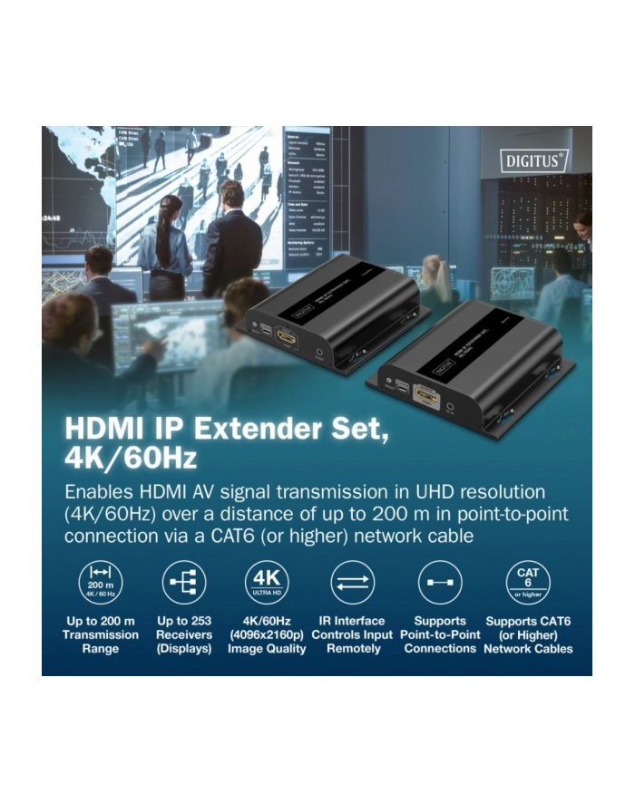 digitus Przedłużacz (extender) po skrętce kat.6 HDMI 4K/60Hz przez IP 1G lub do 120m/200m, max. 253 odbiorniki, sterowanie IR - zestaw (odbiornik/nadajnik) główny