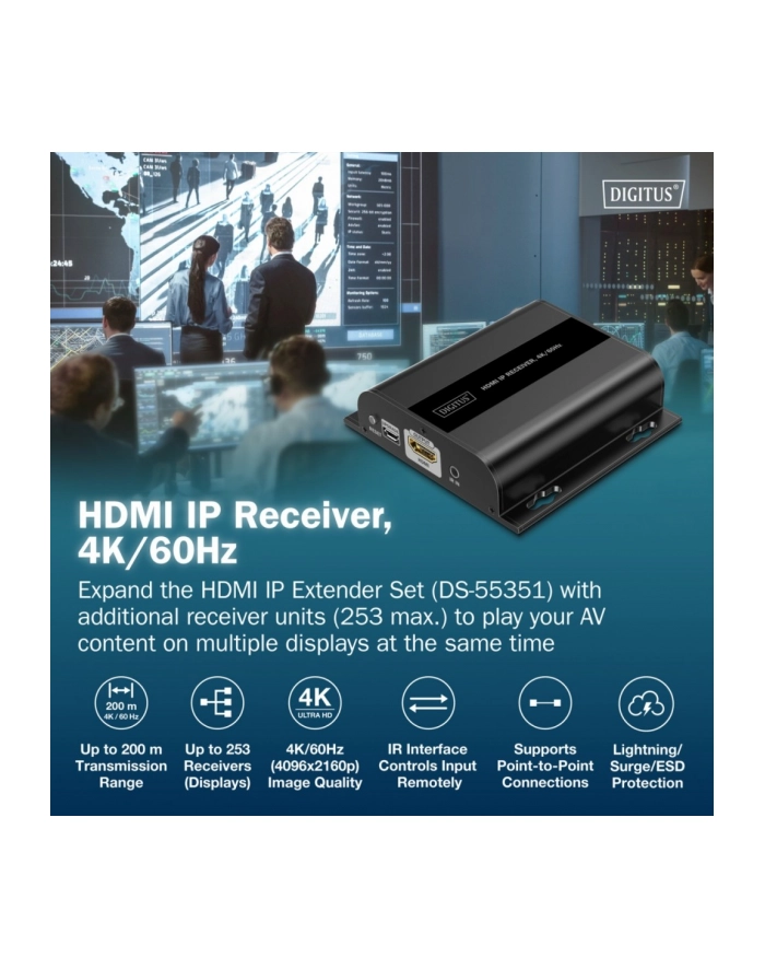 digitus Przedłużacz (extender) po skrętce kat.6 HDMI 4K/60Hz przez IP 1G lub do 120m/200m - dodatkowy odbiornik do DS-55351 główny